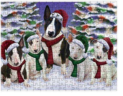 Bull Terrier Dog Christmas Family Portrait in Holiday Scenic Background Puzzle with Photo Tin