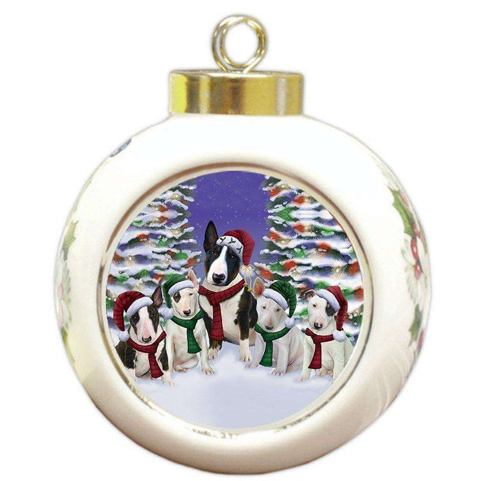 Bull Terrier Dog Christmas Family Portrait in Holiday Scenic Background Round Ball Ornament