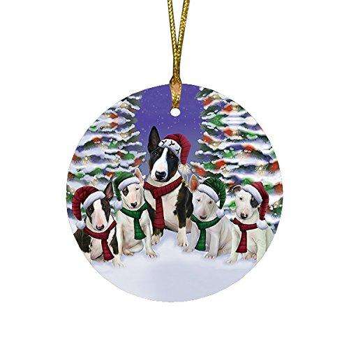 Bull Terrier Dog Christmas Family Portrait in Holiday Scenic Background Round Ornament