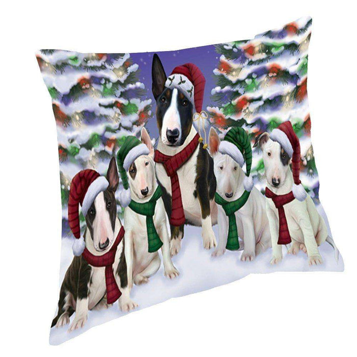 Bull Terrier Dog Christmas Family Portrait in Holiday Scenic Background Throw Pillow