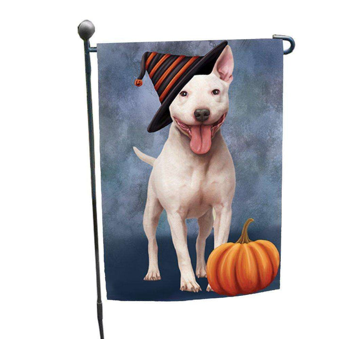 Bull Terrier Dog Wearing Witch Hat with Pumpkin Garden Flag