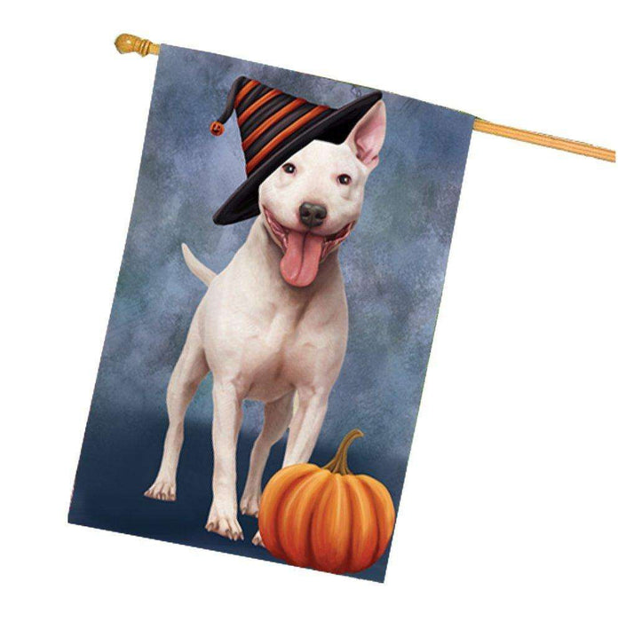 Bull Terrier Dog Wearing Witch Hat with Pumpkin House Flag