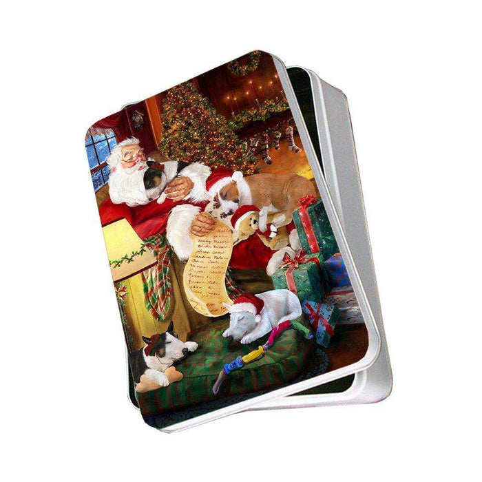 Bull Terrier Dog with Puppies Sleeping with Santa Photo Tin