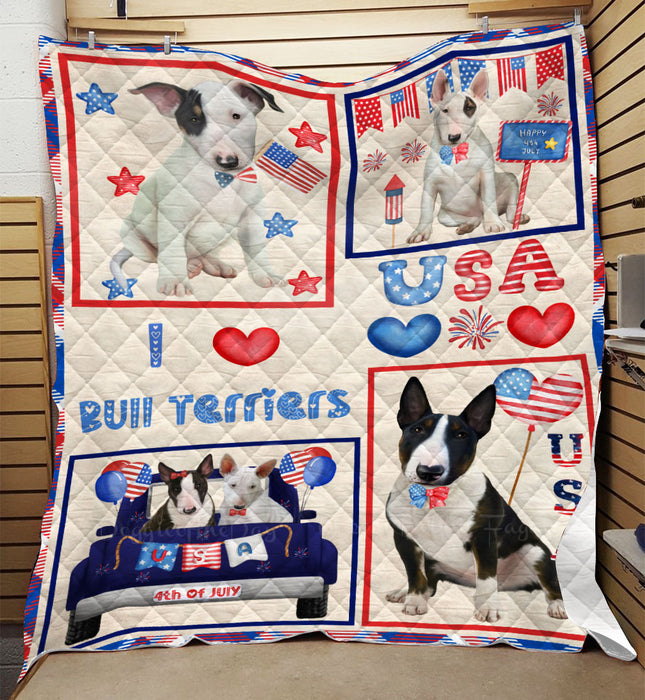 4th of July Independence Day I Love USA Bull Terrier Dogs Quilt Bed Coverlet Bedspread - Pets Comforter Unique One-side Animal Printing - Soft Lightweight Durable Washable Polyester Quilt
