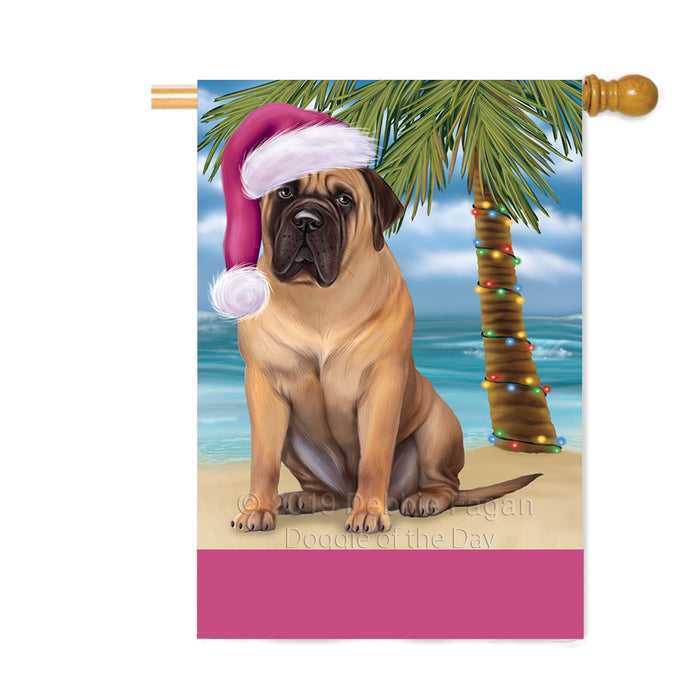 Personalized Summertime Happy Holidays Christmas Bull Mastiff Dog on Tropical Island Beach Custom House Flag FLG-DOTD-A60491