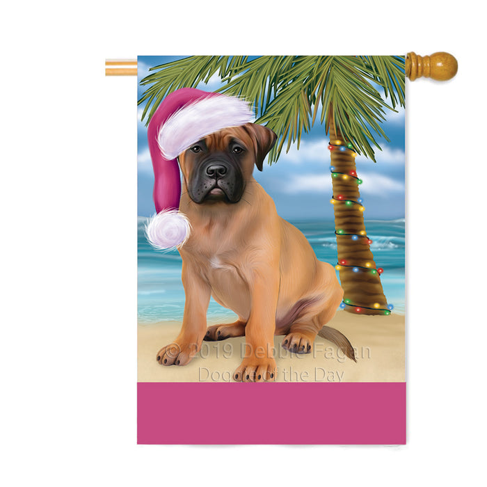 Personalized Summertime Happy Holidays Christmas Bull Mastiff Dog on Tropical Island Beach Custom House Flag FLG-DOTD-A60492