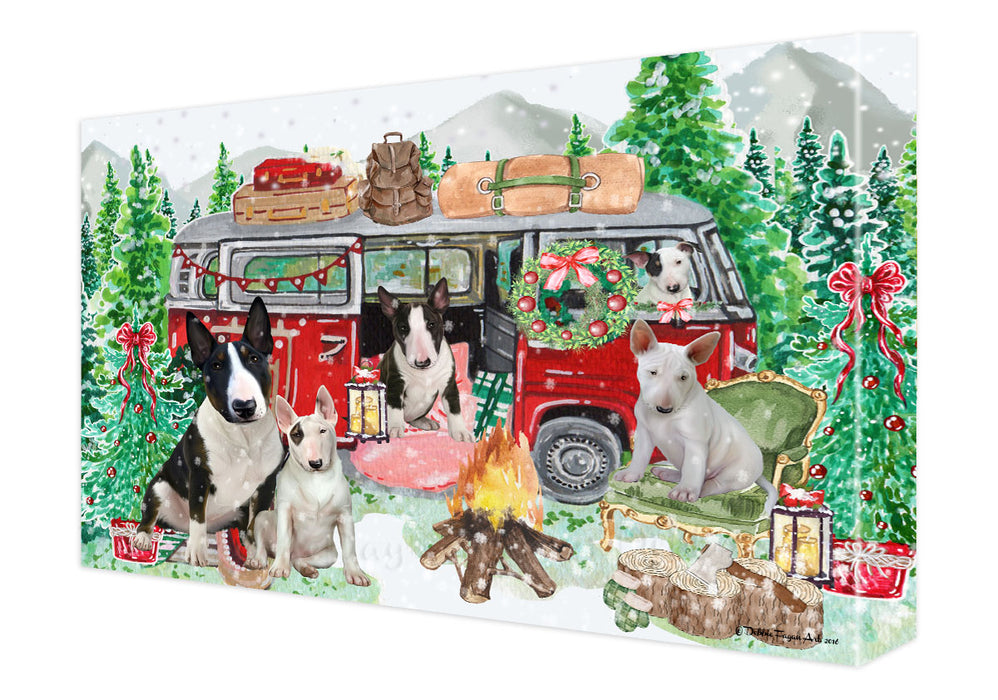 Christmas Time Camping with Bull Terrier Dogs Canvas Wall Art - Premium Quality Ready to Hang Room Decor Wall Art Canvas - Unique Animal Printed Digital Painting for Decoration