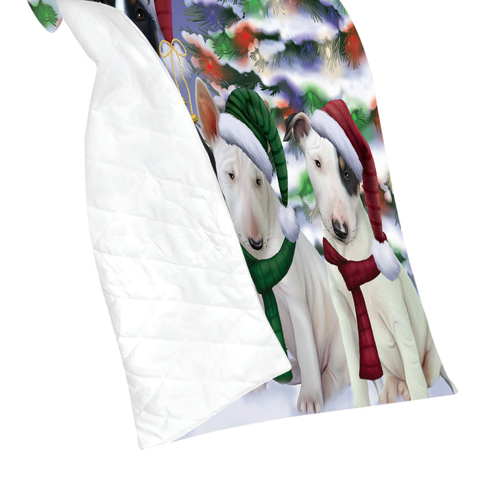 Bull Terrier Dogs Christmas Family Portrait in Holiday Scenic Background Quilt