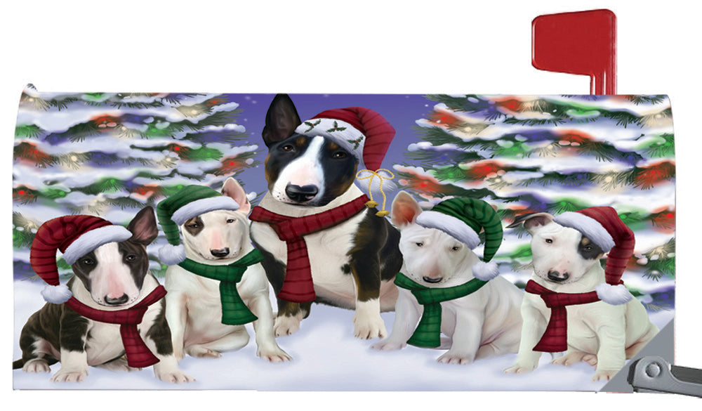 Magnetic Mailbox Cover Bull Terriers Dog Christmas Family Portrait in Holiday Scenic Background MBC48209