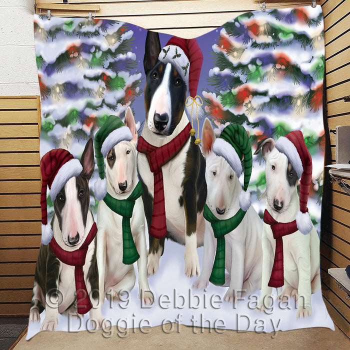 Bull Terrier Dogs Christmas Family Portrait in Holiday Scenic Background Quilt