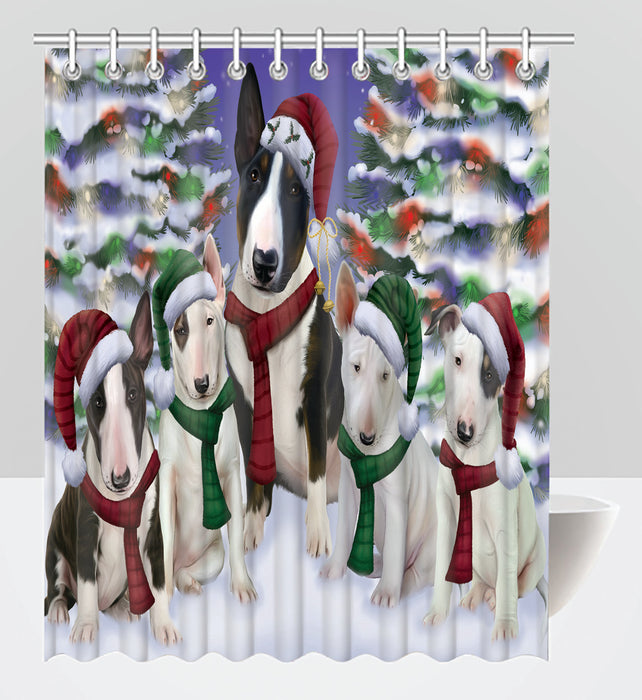 Bull Terrier Dogs Christmas Family Portrait in Holiday Scenic Background Shower Curtain