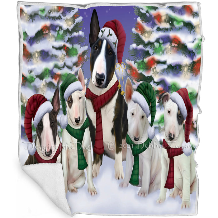 Bull Terrier Dog Christmas Family Portrait in Holiday Scenic Background Art Portrait Print Woven Throw Sherpa Plush Fleece Blanket