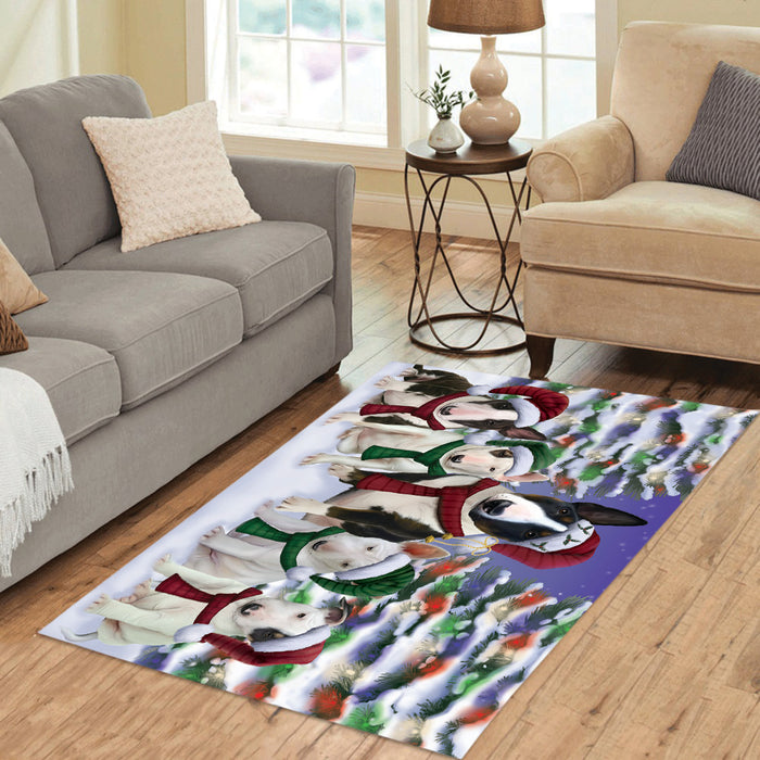 Bull Terrier Dogs Christmas Family Portrait in Holiday Scenic Background Area Rug