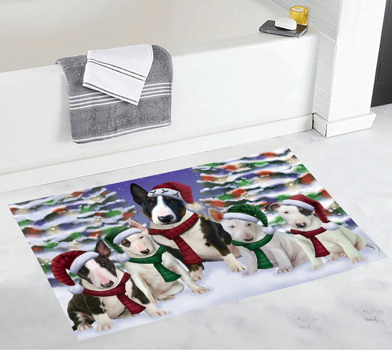 Bull Terrier Dogs Christmas Family Portrait in Holiday Scenic Background Bath Mat