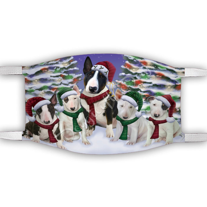Bull Terrier Dogs Christmas Family Portrait in Holiday Scenic Background Face Mask FM48328
