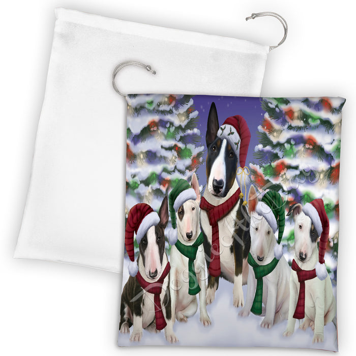Bull Terrier Dogs Christmas Family Portrait in Holiday Scenic Background Drawstring Laundry or Gift Bag LGB48126