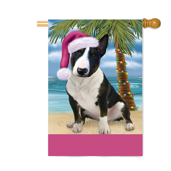 Personalized Summertime Happy Holidays Christmas Bull Terrier Dog on Tropical Island Beach Custom House Flag FLG-DOTD-A60493