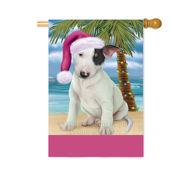 Personalized Summertime Happy Holidays Christmas Bull Terrier Dog on Tropical Island Beach Custom House Flag FLG-DOTD-A60494