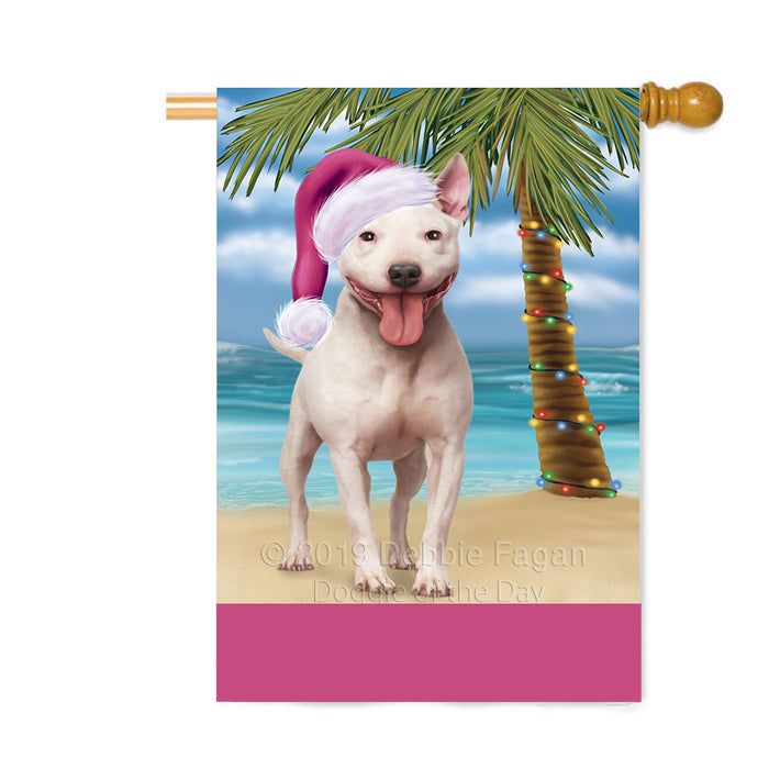 Personalized Summertime Happy Holidays Christmas Bull Terrier Dog on Tropical Island Beach Custom House Flag FLG-DOTD-A60495