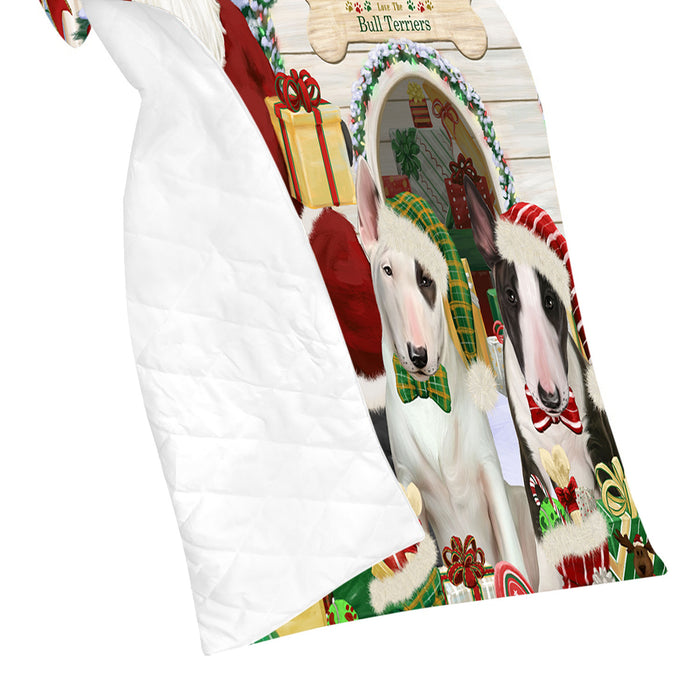 Happy Holidays Christmas Bull Terrier Dogs House Gathering Quilt