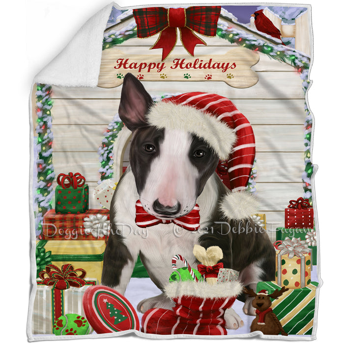Happy Holidays Christmas Bull Terrier Dog House with Presents Blanket BLNKT78384