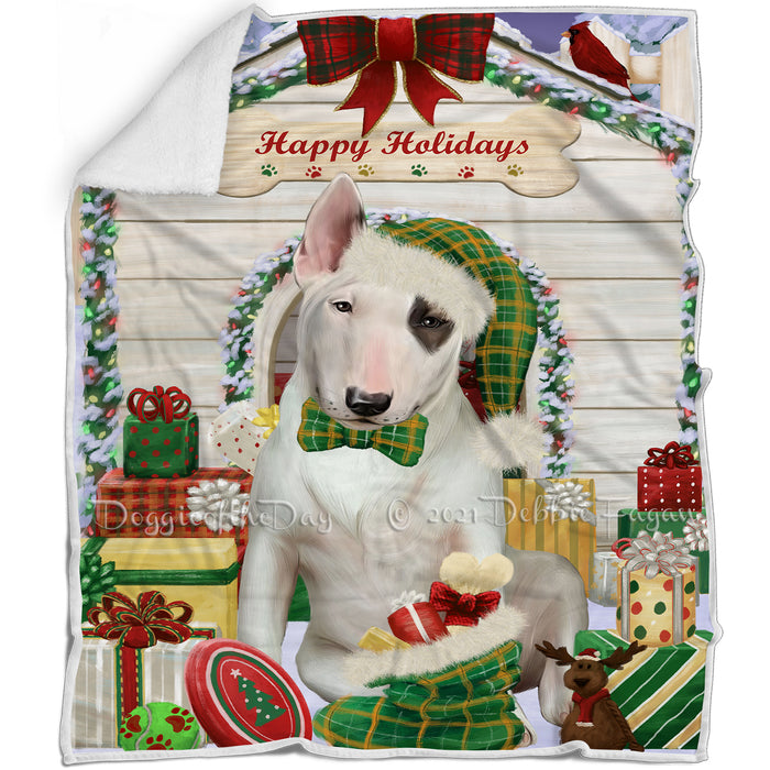 Happy Holidays Christmas Bull Terrier Dog House with Presents Blanket BLNKT78357