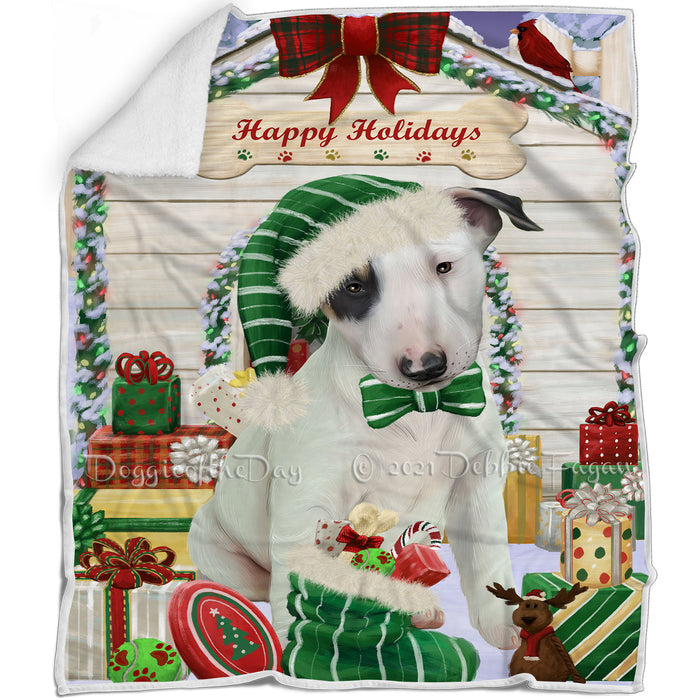 Happy Holidays Christmas Bull Terrier Dog House with Presents Blanket BLNKT78366