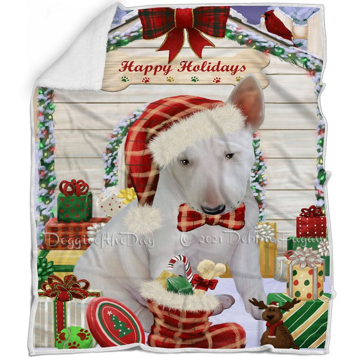 Happy Holidays Christmas Bull Terrier Dog House with Presents Blanket BLNKT78375