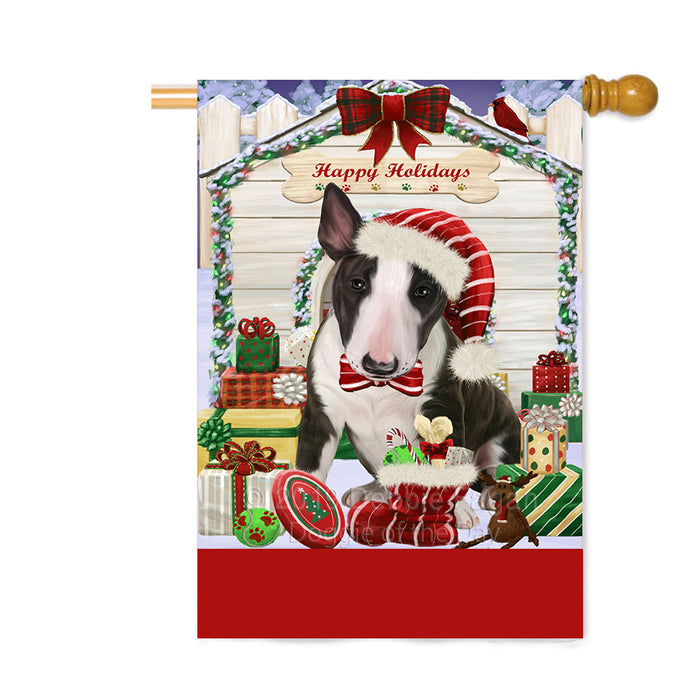 Personalized Happy Holidays Christmas Bull Terrier Dog House with Presents Custom House Flag FLG-DOTD-A59346
