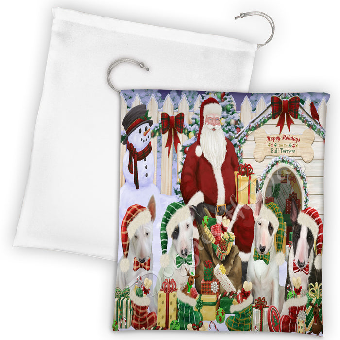 Happy Holidays Christmas Bull Terrier Dogs House Gathering Drawstring Laundry or Gift Bag LGB48029