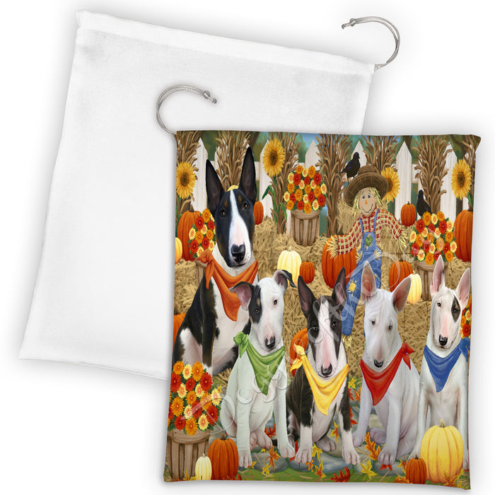 Fall Festive Harvest Time Gathering Bull Terrier Dogs Drawstring Laundry or Gift Bag LGB48387