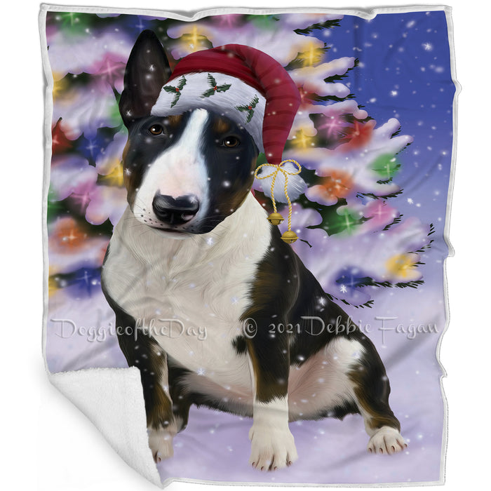 Winterland Wonderland Bull Terrier Dog In Christmas Holiday Scenic Background Blanket