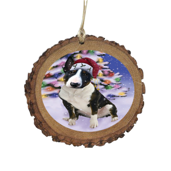 Winterland Wonderland Bull Terrier Dog In Christmas Holiday Scenic Background Wooden Christmas Ornament WOR49540