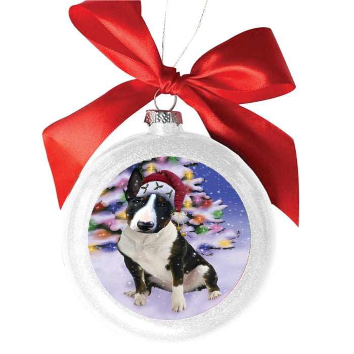 Winterland Wonderland Bull Terrier Dog In Christmas Holiday Scenic Background White Round Ball Christmas Ornament WBSOR49540