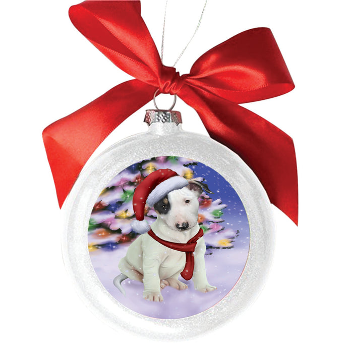 Winterland Wonderland Bull Terrier Dog In Christmas Holiday Scenic Background White Round Ball Christmas Ornament WBSOR49541