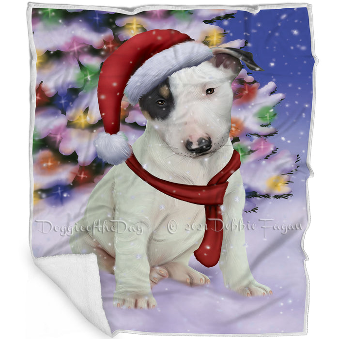Winterland Wonderland Bull Terrier Puppy Dog In Christmas Holiday Scenic Background Blanket