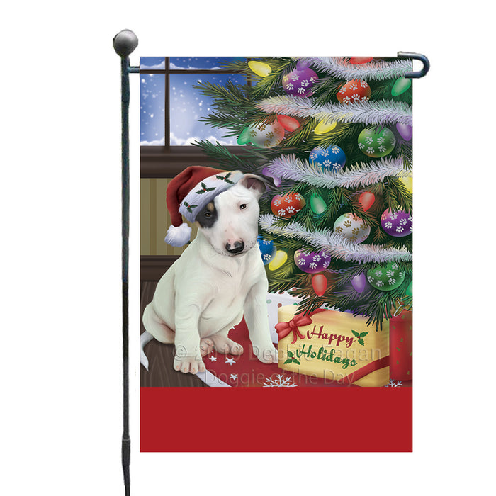 Personalized Christmas Happy Holidays Bull Terrier Dog with Tree and Presents Custom Garden Flags GFLG-DOTD-A58608