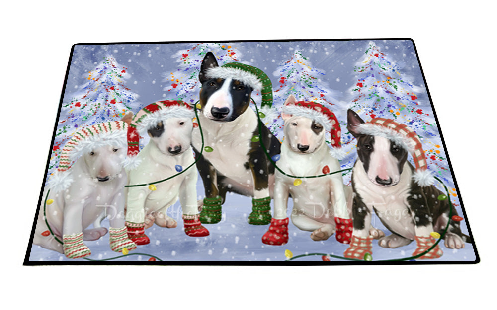 Christmas Lights and Bull Terrier Dogs Floor Mat- Anti-Slip Pet Door Mat Indoor Outdoor Front Rug Mats for Home Outside Entrance Pets Portrait Unique Rug Washable Premium Quality Mat