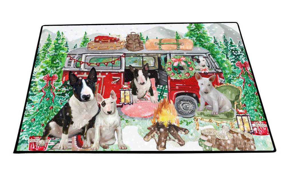 Christmas Time Camping with Bull Terrier Dogs Floor Mat- Anti-Slip Pet Door Mat Indoor Outdoor Front Rug Mats for Home Outside Entrance Pets Portrait Unique Rug Washable Premium Quality Mat