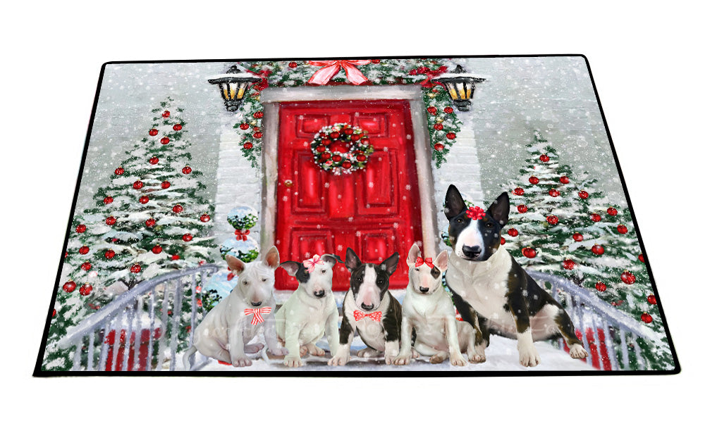 Christmas Holiday Welcome Bull Terrier Dogs Floor Mat- Anti-Slip Pet Door Mat Indoor Outdoor Front Rug Mats for Home Outside Entrance Pets Portrait Unique Rug Washable Premium Quality Mat