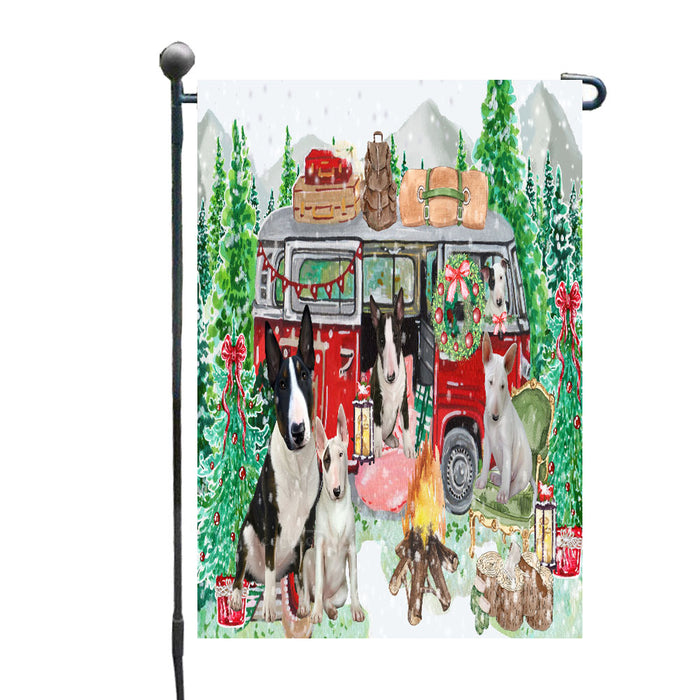 Christmas Time Camping with Bull Terrier Dogs Garden Flags- Outdoor Double Sided Garden Yard Porch Lawn Spring Decorative Vertical Home Flags 12 1/2"w x 18"h
