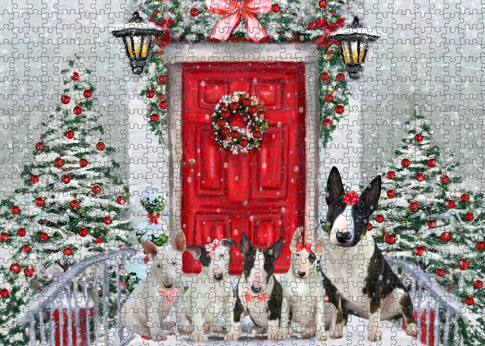 Christmas Holiday Welcome Bull Terrier Dogs Portrait Jigsaw Puzzle for Adults Animal Interlocking Puzzle Game Unique Gift for Dog Lover's with Metal Tin Box