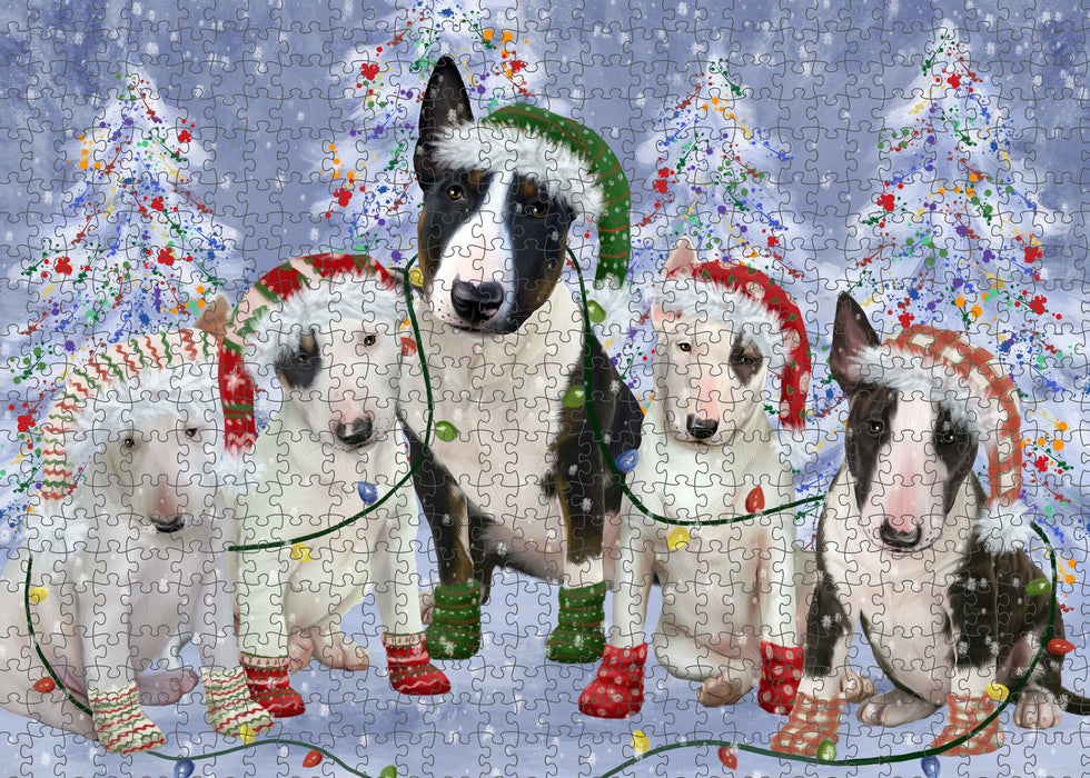 Christmas Lights and Bull Terrier Dogs Portrait Jigsaw Puzzle for Adults Animal Interlocking Puzzle Game Unique Gift for Dog Lover's with Metal Tin Box