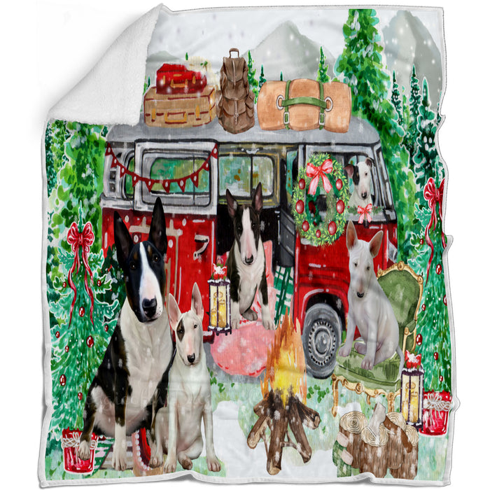 Christmas Time Camping with Bull Terrier Dogs Blanket - Lightweight Soft Cozy and Durable Bed Blanket - Animal Theme Fuzzy Blanket for Sofa Couch