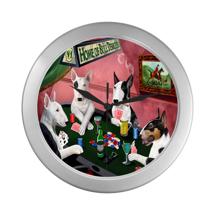 Home of Bull Terrier Dogs Playing Poker Silver Wall Clocks