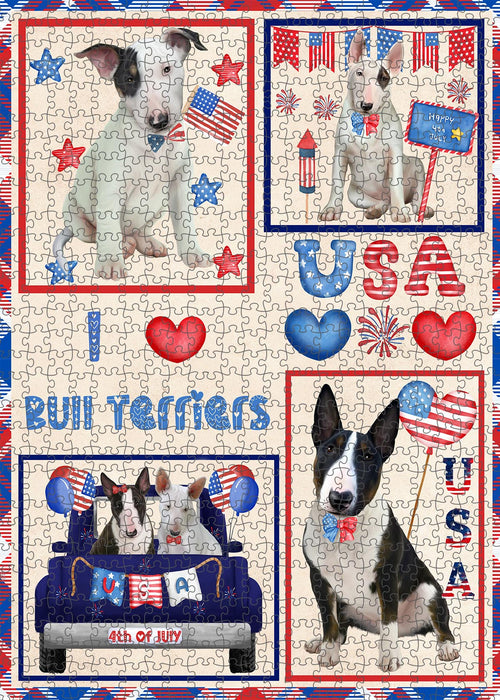 4th of July Independence Day I Love USA Bull Terrier Dogs Portrait Jigsaw Puzzle for Adults Animal Interlocking Puzzle Game Unique Gift for Dog Lover's with Metal Tin Box