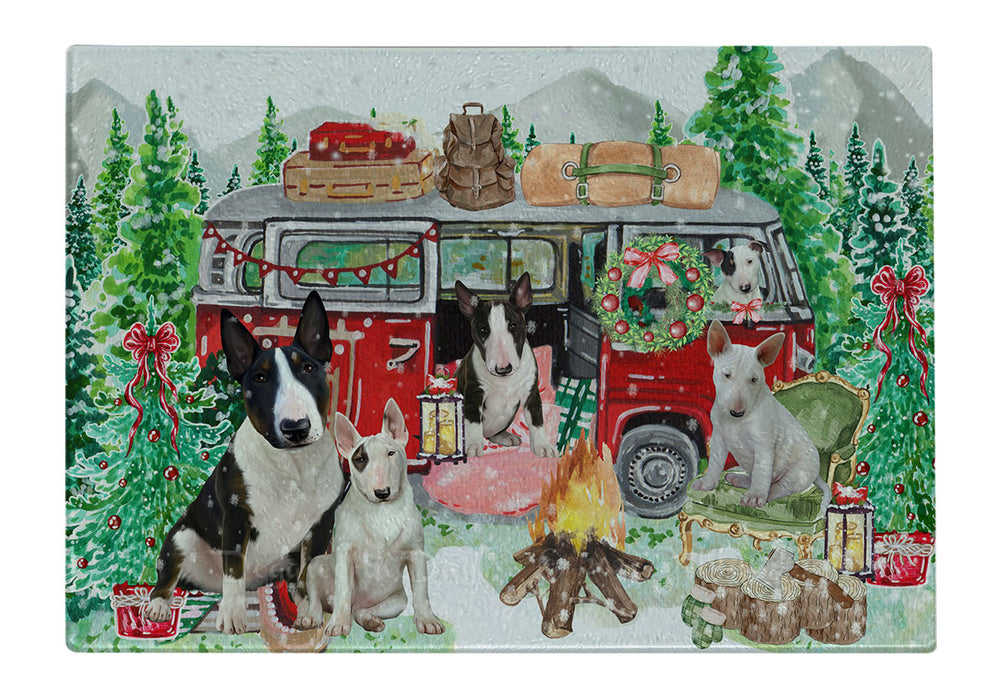 Christmas Time Camping with Bull Terrier Dogs Cutting Board - For Kitchen - Scratch & Stain Resistant - Designed To Stay In Place - Easy To Clean By Hand - Perfect for Chopping Meats, Vegetables