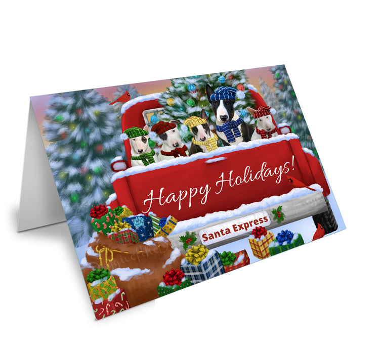 Christmas Red Truck Travlin Home for the Holidays Bull Terrier Dogs Handmade Artwork Assorted Pets Greeting Cards and Note Cards with Envelopes for All Occasions and Holiday Seasons