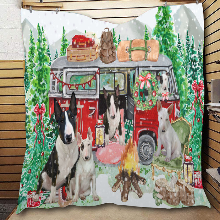 Christmas Time Camping with Bull Terrier Dogs  Quilt Bed Coverlet Bedspread - Pets Comforter Unique One-side Animal Printing - Soft Lightweight Durable Washable Polyester Quilt
