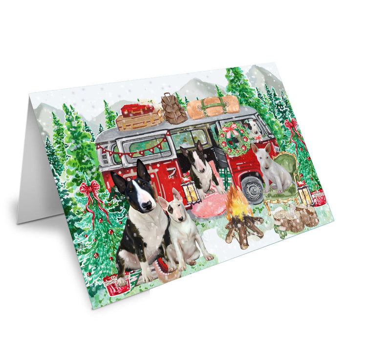 Christmas Time Camping with Bull Terrier Dogs Handmade Artwork Assorted Pets Greeting Cards and Note Cards with Envelopes for All Occasions and Holiday Seasons
